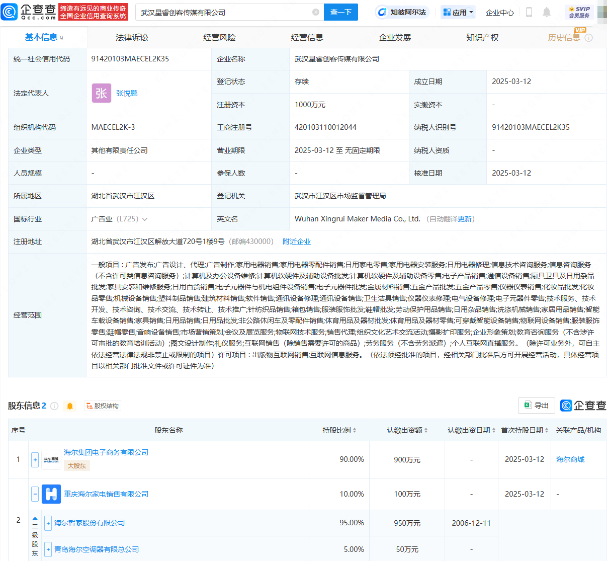 海尔智家跨界布局 在武汉成立传媒公司，业务延伸至针纺织品销售